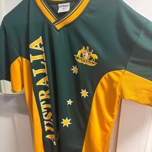 Oz Designs Australia Jersey Mens Large Green Gold V-Neck Athletic Shirt